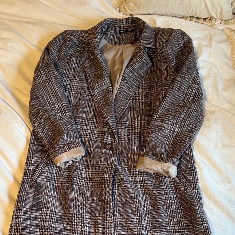 SHEIN Brown Plaid Blazer Coat